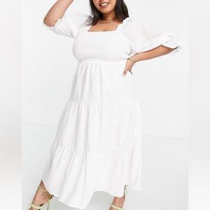 NWT Shirred Detail Puff Sleeve Tiered Midi Dress White ASOS Curve